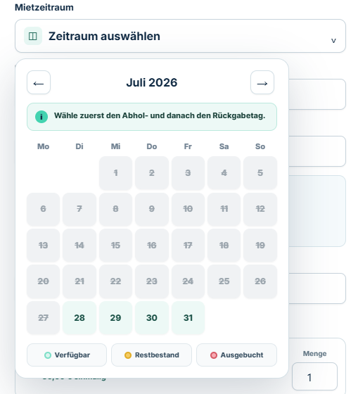 Vermivo Mietkalender mit Buchungen und Sperrzeiten